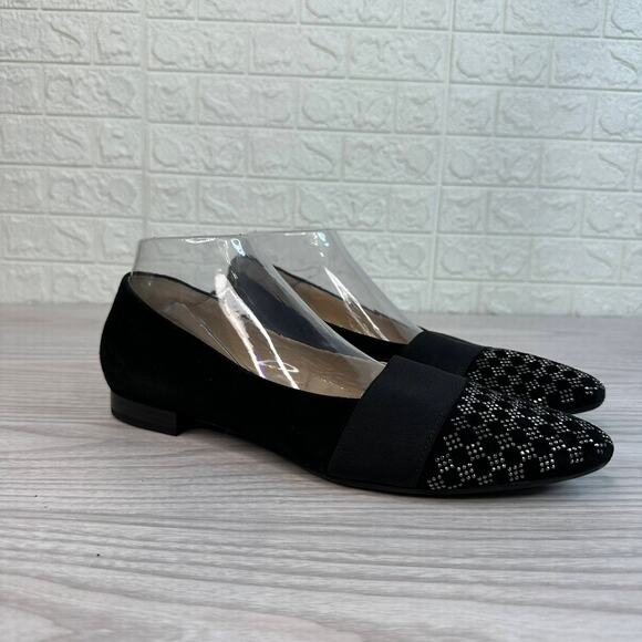 Gabor Sanctuary Ladies Court Shoes WMNS 7.5 Black Suede Leather Studded Toe Flat - Picture 2 of 9